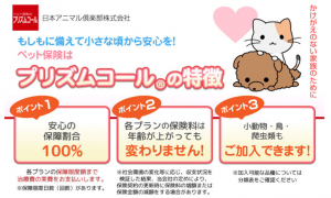 日本アニマルクラブのペット保険プリズムコールの特徴、安心の保障割合100%、各プランの保険料は年齢が上がっても変わりません。犬猫だけでなく、鳥、爬虫類、小動物も加入できます。